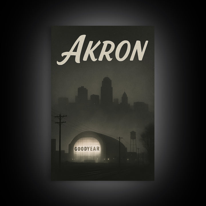 Akron Ohio Travel Poster, Canvas Print, Black And White Travel Art, Akron Wall Art, Vintage Travel Print, Travel Poster Art, City Art Print