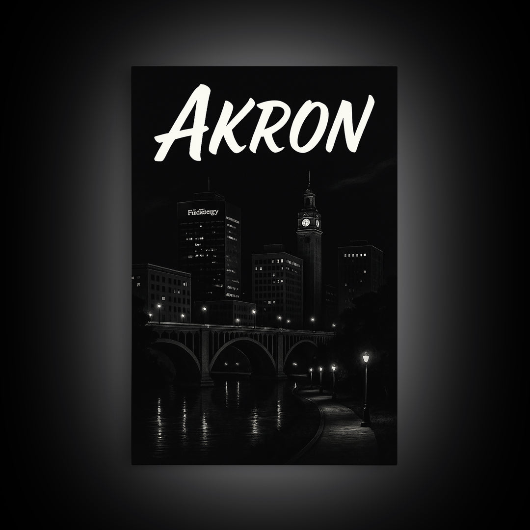 Akron Travel Poster, Canvas Print, Dark Moody City Wall Art, Akron Poster Print, Vintage City Art, City Illustration, Retro Travel Print
