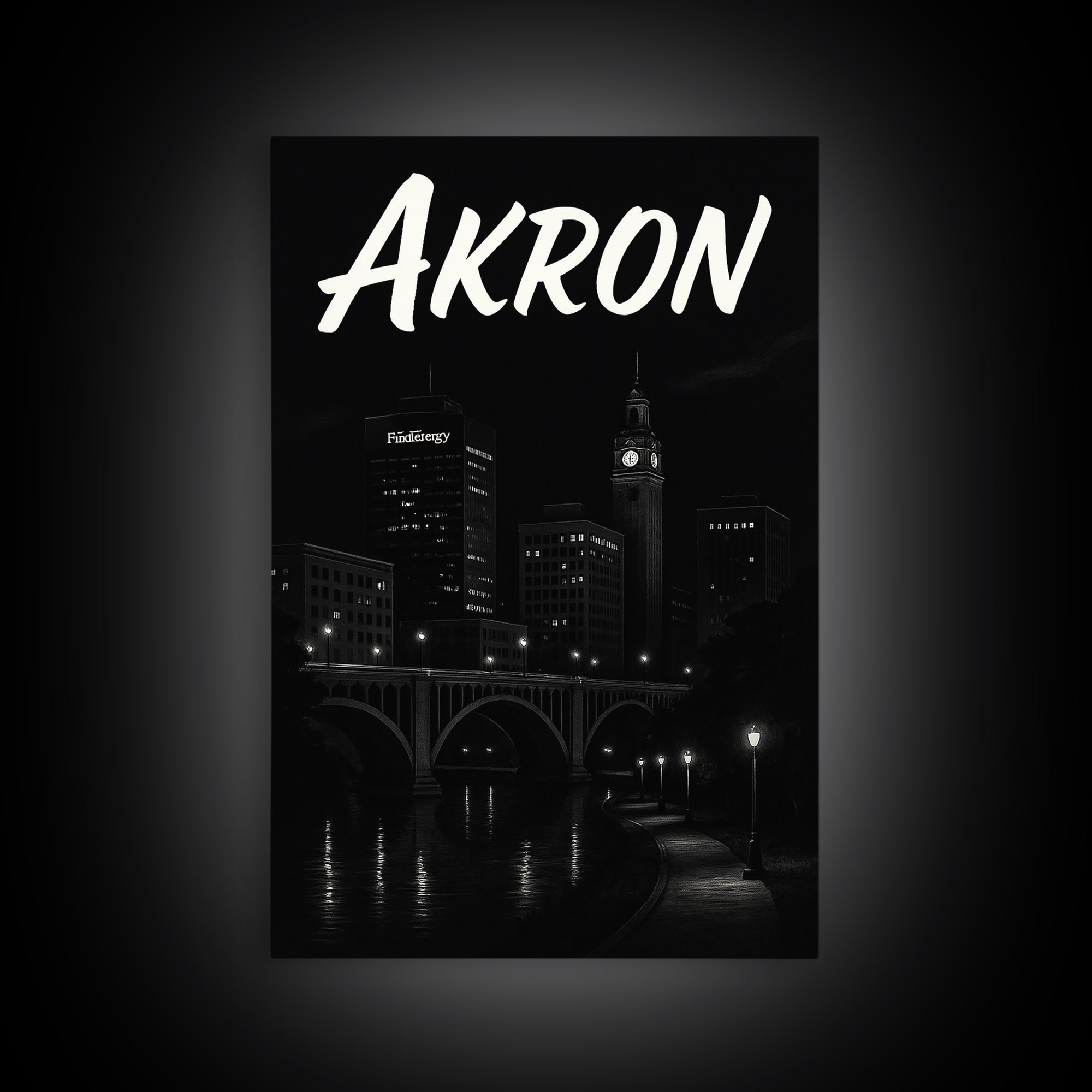 Akron Travel Poster, Canvas Print, Dark Moody City Wall Art, Akron Poster Print, Vintage City Art, City Illustration, Retro Travel Print