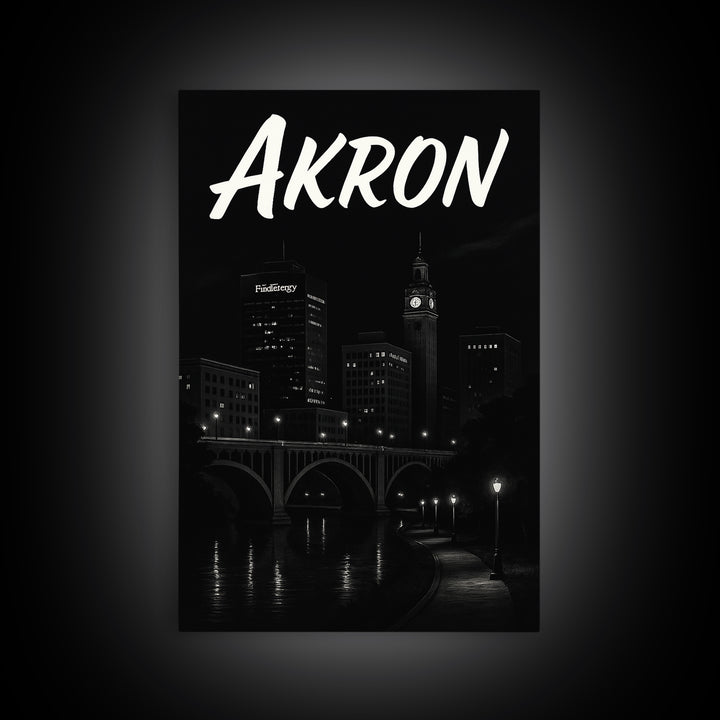 Akron Travel Poster, Canvas Print, Dark Moody City Wall Art, Akron Poster Print, Vintage City Art, City Illustration, Retro Travel Print