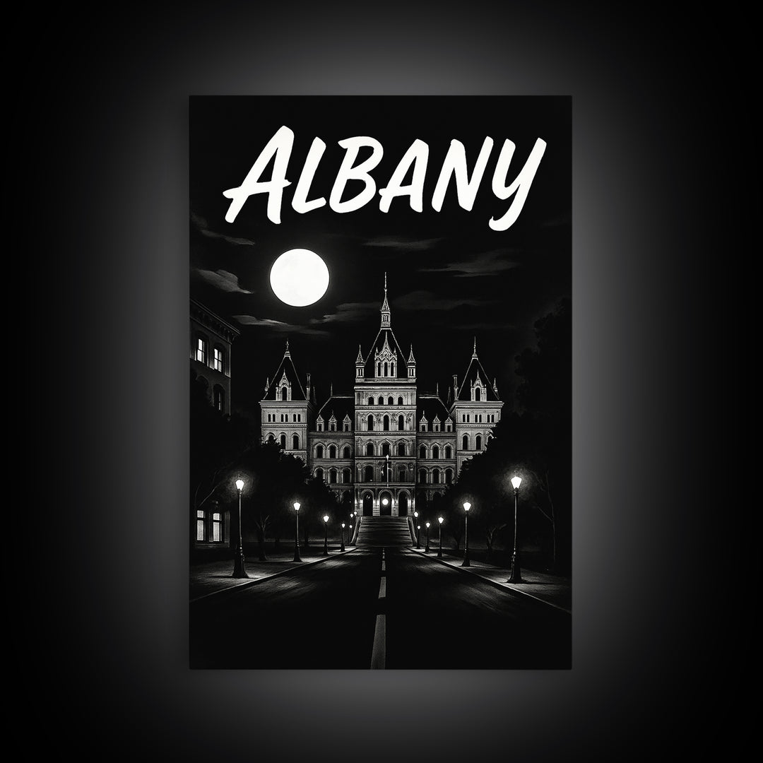 Albany Travel Poster, Framed Canvas Print, Dark Moody City Wall Art, Albany Poster Print, City Art Print, City Travel Prints, Home Decor