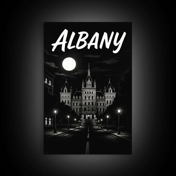 Albany Travel Poster, Framed Canvas Print, Dark Moody City Wall Art, Albany Poster Print, City Art Print, City Travel Prints, Home Decor