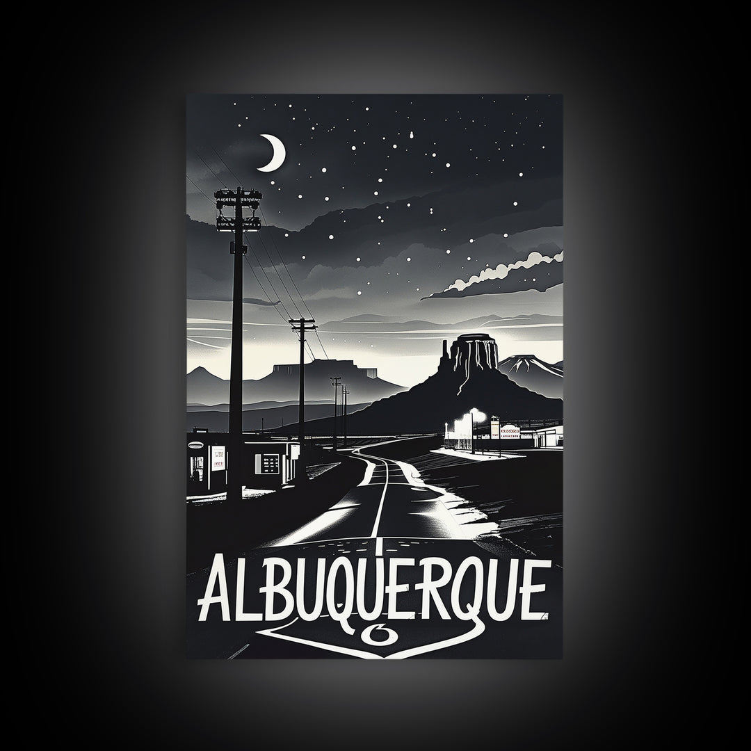 Albuquerque Travel Poster, Framed Canvas Print, Dark Moody City Wall Art, Albuquerque Wall Art, Travel Wall Art, Fine Art Print