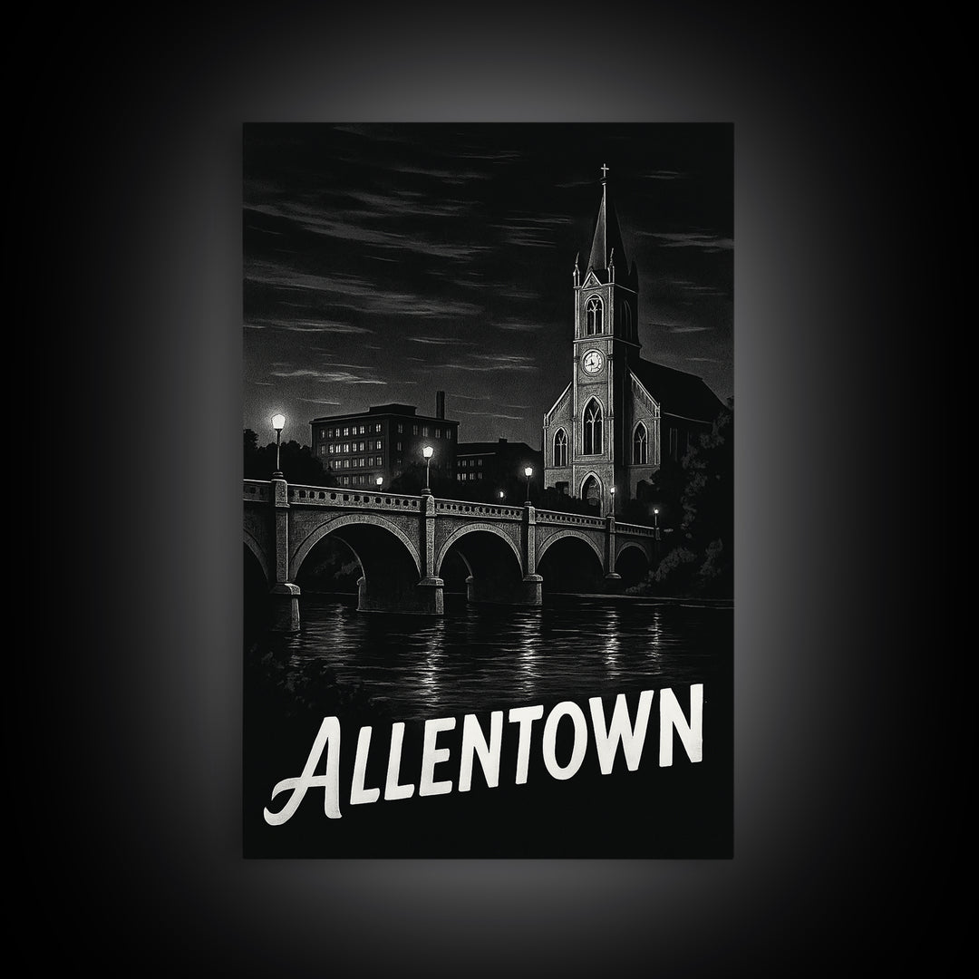 Allentown Travel Poster, Framed Canvas Print, Vintage Noir Poster Art, Allentown City Art, Travel Wall Art, Living Room Wall Art