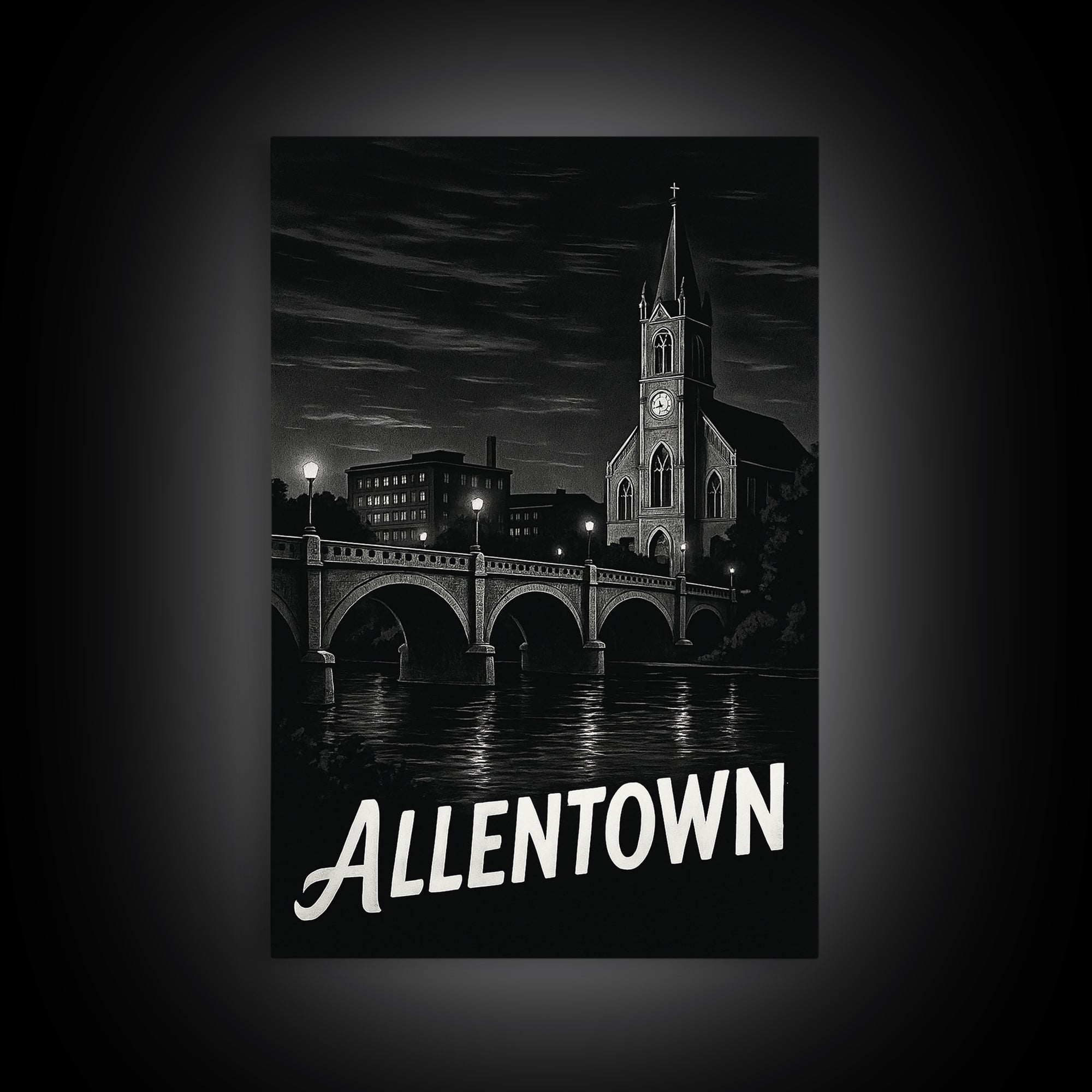 Allentown Travel Poster, Framed Canvas Print, Vintage Noir Poster Art, Allentown City Art, Travel Wall Art, Living Room Wall Art