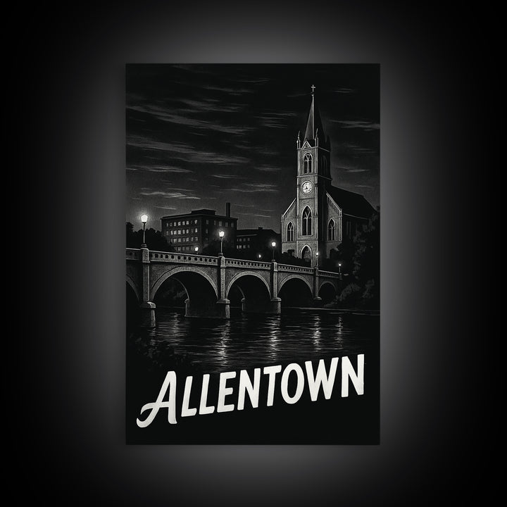 Allentown Travel Poster, Framed Canvas Print, Vintage Noir Poster Art, Allentown City Art, Travel Wall Art, Living Room Wall Art