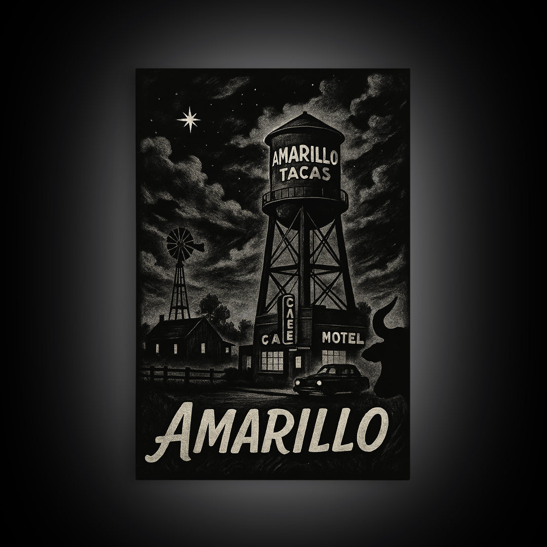 Amarillo Travel Poster, Framed Canvas Print, Vintage Noir Poster Art, Amarillo Travel Art, Vintage City Poster, Retro Travel Print