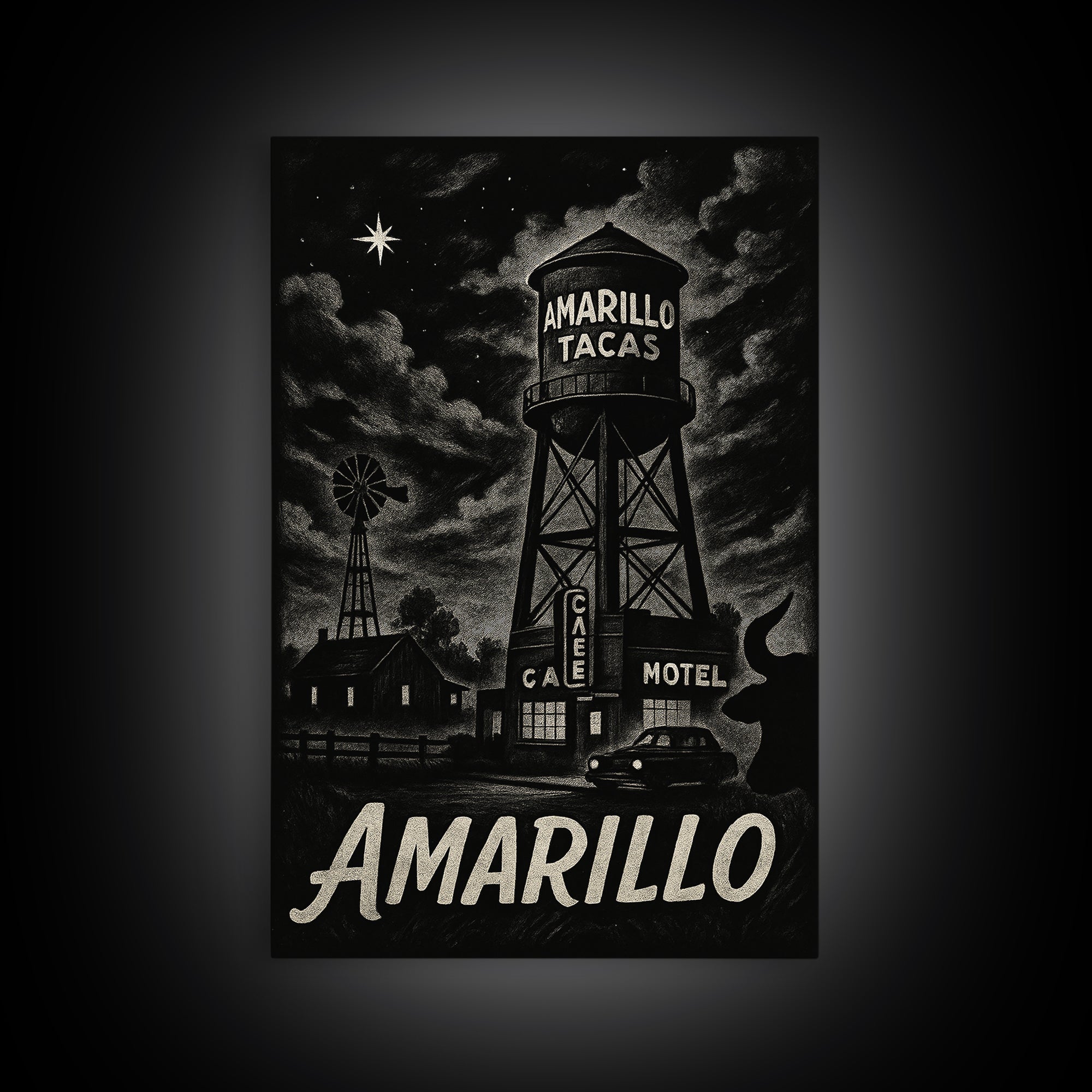 Amarillo Travel Poster, Framed Canvas Print, Vintage Noir Poster Art, Amarillo Travel Art, Vintage City Poster, Retro Travel Print