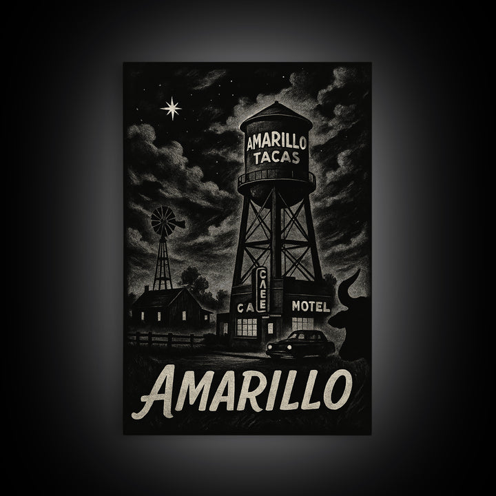 Amarillo Travel Poster, Framed Canvas Print, Vintage Noir Poster Art, Amarillo Travel Art, Vintage City Poster, Retro Travel Print