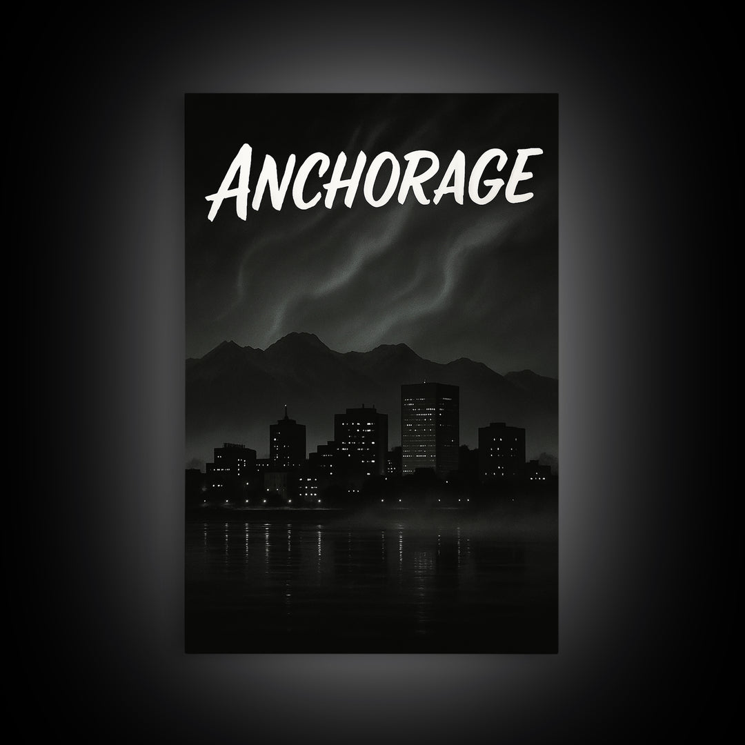 Anchorage Alaska Travel Poster, Canvas Print, Dark Moody City Wall Art, Anchorage Wall Art, Gift For Travelers, Mid Century Wall Art