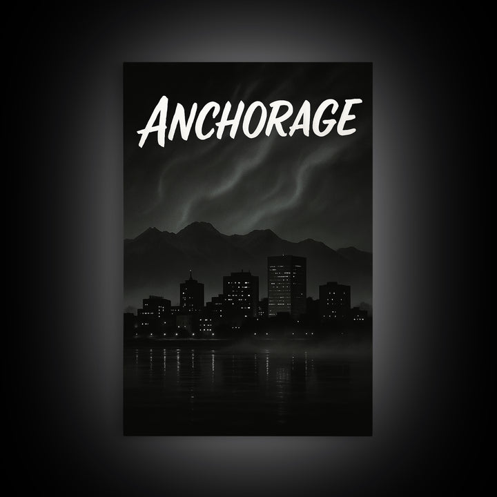 Anchorage Alaska Travel Poster, Canvas Print, Dark Moody City Wall Art, Anchorage Wall Art, Gift For Travelers, Mid Century Wall Art