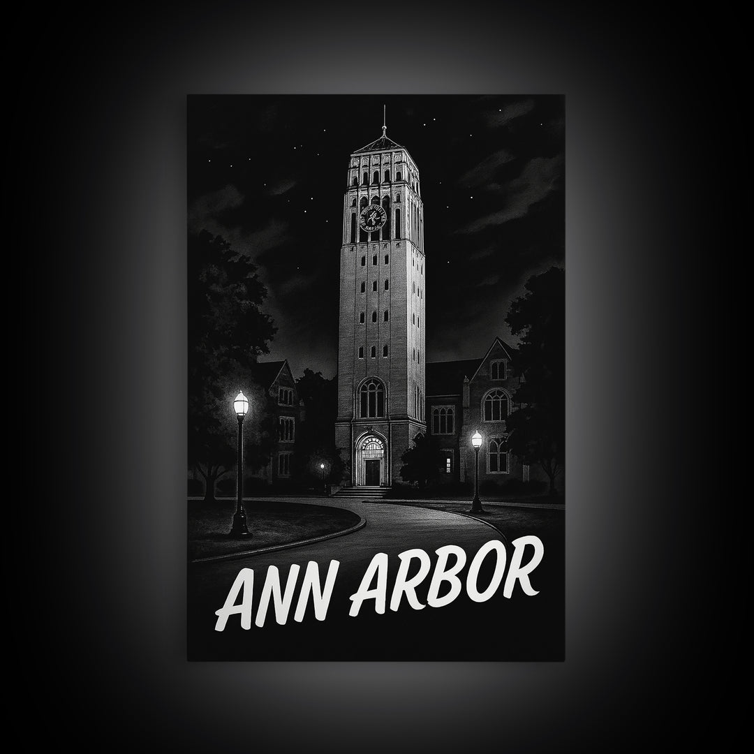Ann Arbor Travel Poster, Framed Canvas Print, Night Street Poster Art, Ann Arbor Poster Print, Vintage Travel Print, Vintage Travel Art