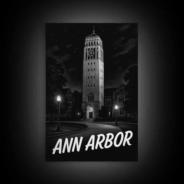 Ann Arbor Travel Poster, Framed Canvas Print, Night Street Poster Art, Ann Arbor Poster Print, Vintage Travel Print, Vintage Travel Art
