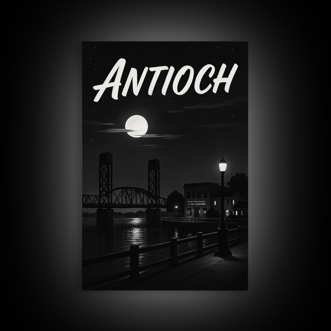 Antioch Travel Poster, Framed Canvas Print, Black And White Travel Art, Antioch Wall Art, Watercolor Downtown Skyline, Travel Wall Decor