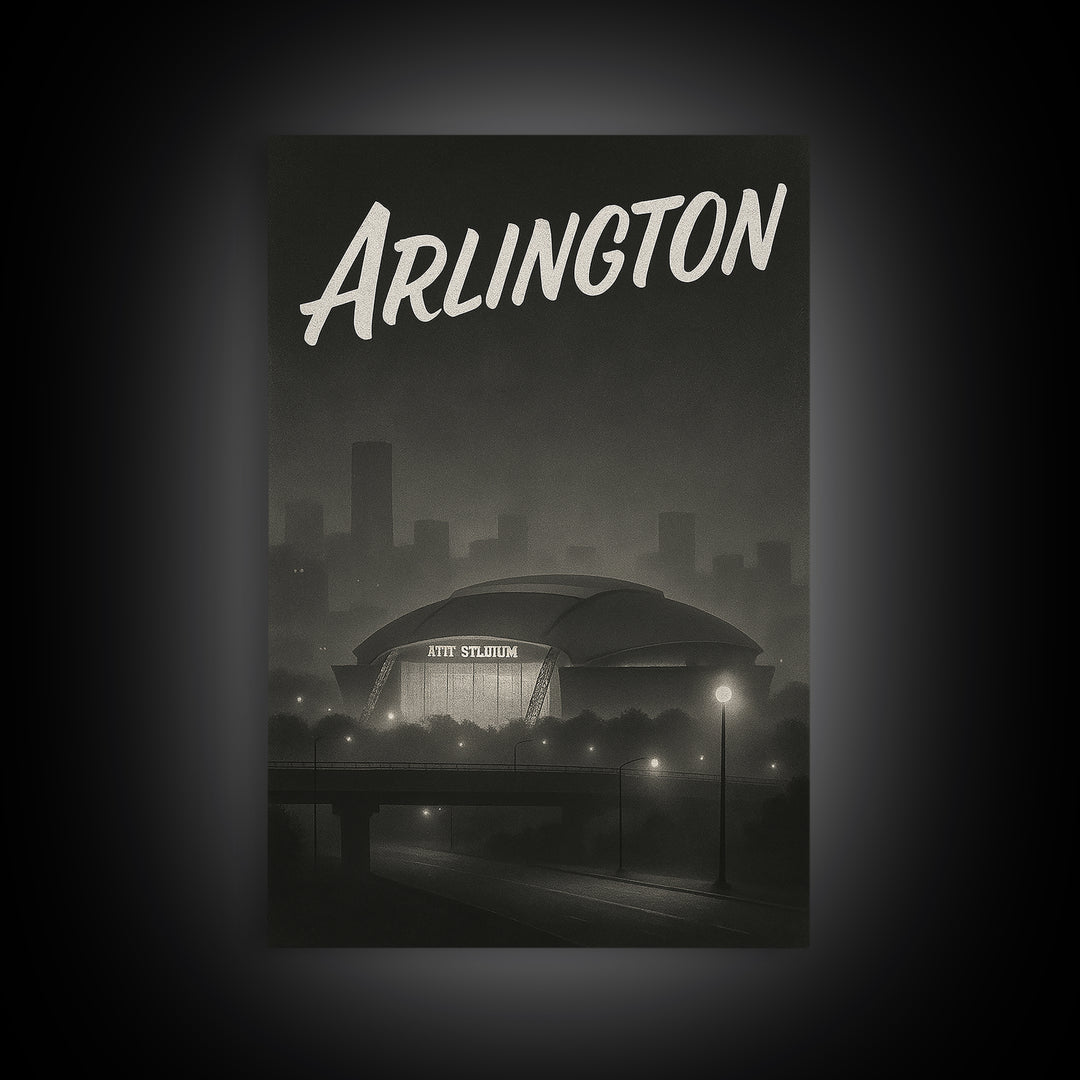 Arlington Texas Travel Poster, Canvas Print, Black And White Travel Art, Arlington Wall Art, Vintage Travel Art, Gift For Travelers