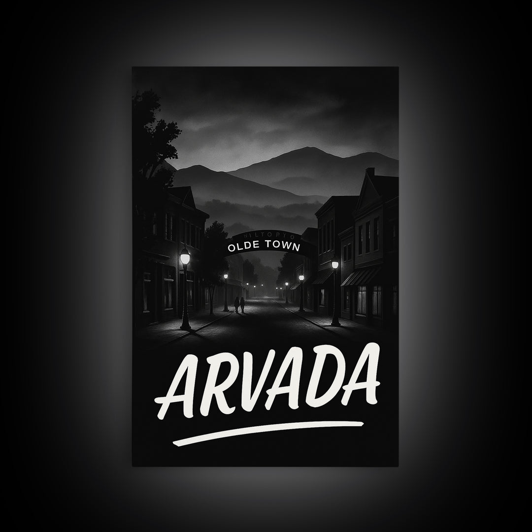 Arvada Travel Poster, Framed Canvas Print, Black And White Travel Art, Arvada Poster Print, City Art Print, Watercolor Downtown Skyline