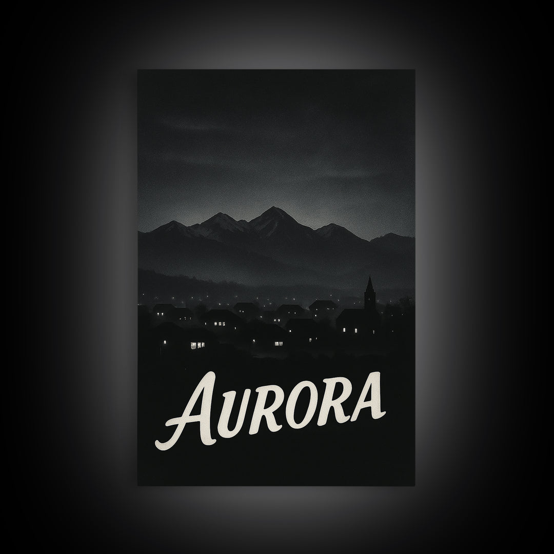 Aurora Travel Poster, Framed Canvas Print, Dark Moody City Wall Art, Aurora Poster Print, Vintage Travel Art, City Art Print, Poster Art