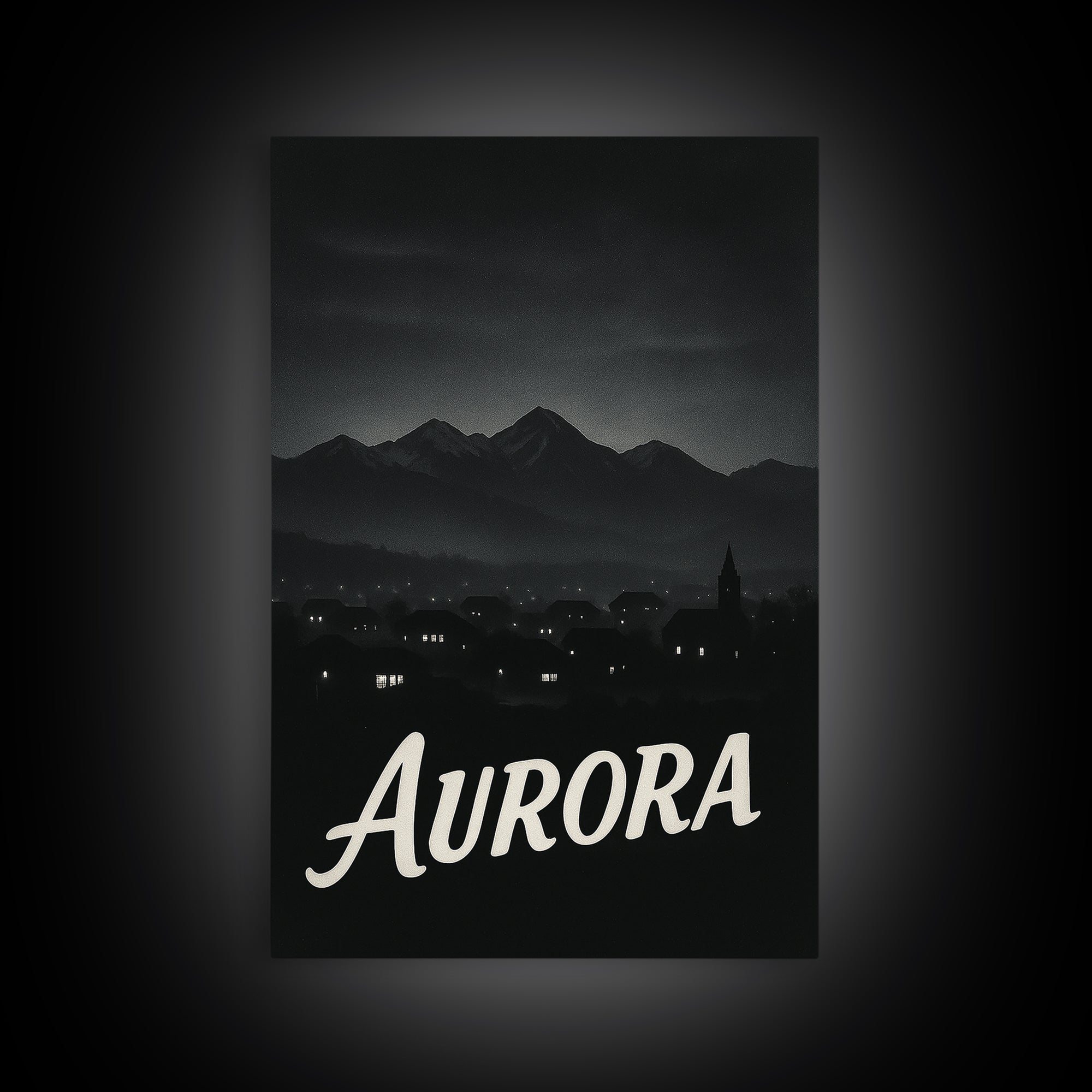 Aurora Travel Poster, Framed Canvas Print, Dark Moody City Wall Art, Aurora Poster Print, Vintage Travel Art, City Art Print, Poster Art
