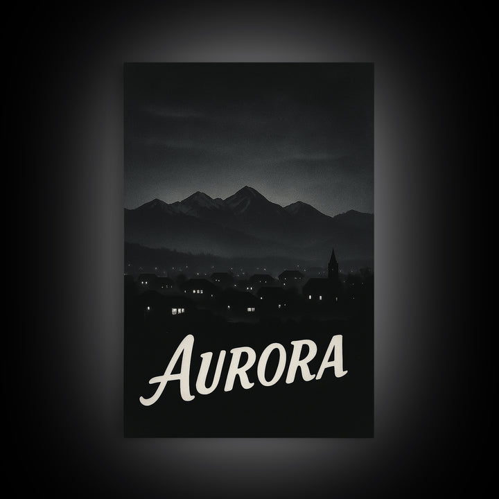 Aurora Travel Poster, Framed Canvas Print, Dark Moody City Wall Art, Aurora Poster Print, Vintage Travel Art, City Art Print, Poster Art