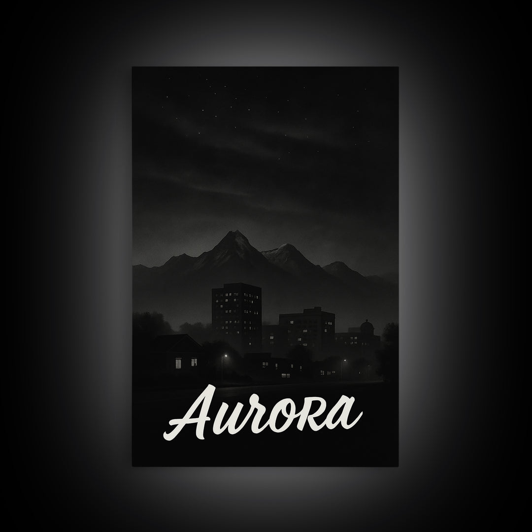 Aurora Travel Poster, Framed Canvas Print, Dark Moody City Wall Art, Aurora Art Print, Travel Wall Art, Vintage City Poster, Travel Gift