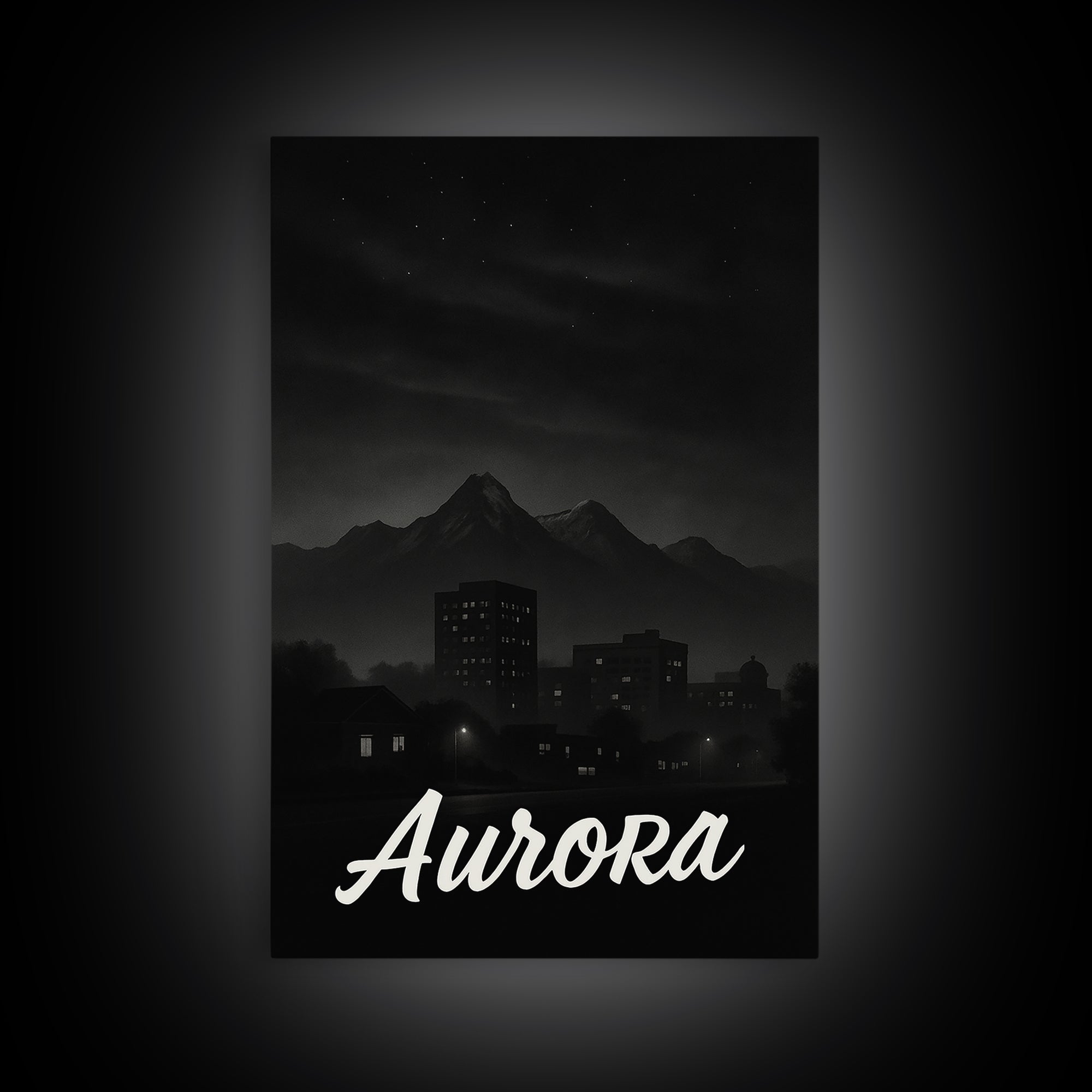 Aurora Travel Poster, Framed Canvas Print, Dark Moody City Wall Art, Aurora Art Print, Travel Wall Art, Vintage City Poster, Travel Gift