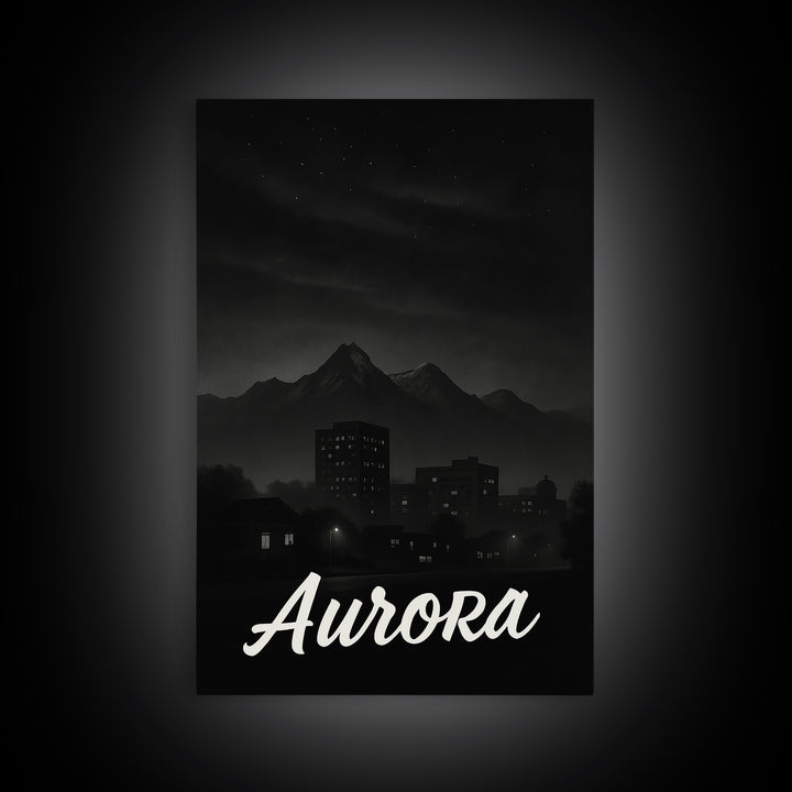 Aurora Travel Poster, Framed Canvas Print, Dark Moody City Wall Art, Aurora Art Print, Travel Wall Art, Vintage City Poster, Travel Gift
