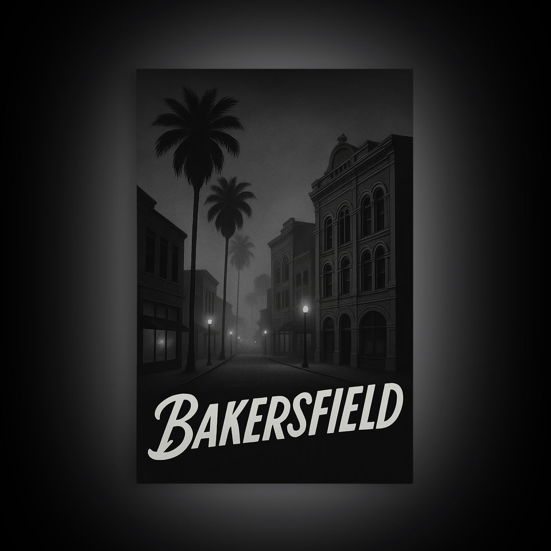 Bakersfield California Travel Poster, Canvas Print, Black And White Travel Art, Bakersfield Wall Art, Fine Art Print, Home Office Decor