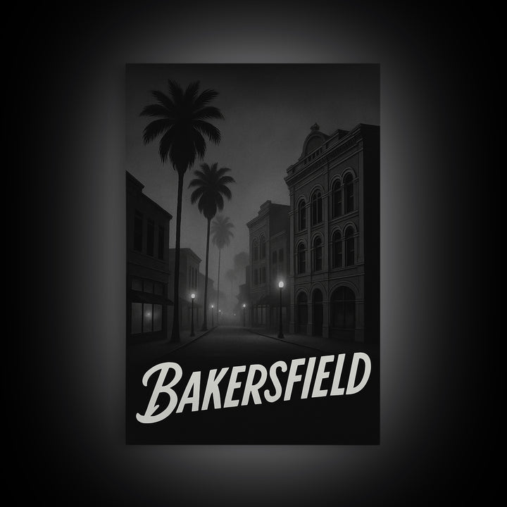 Bakersfield California Travel Poster, Canvas Print, Black And White Travel Art, Bakersfield Wall Art, Fine Art Print, Home Office Decor