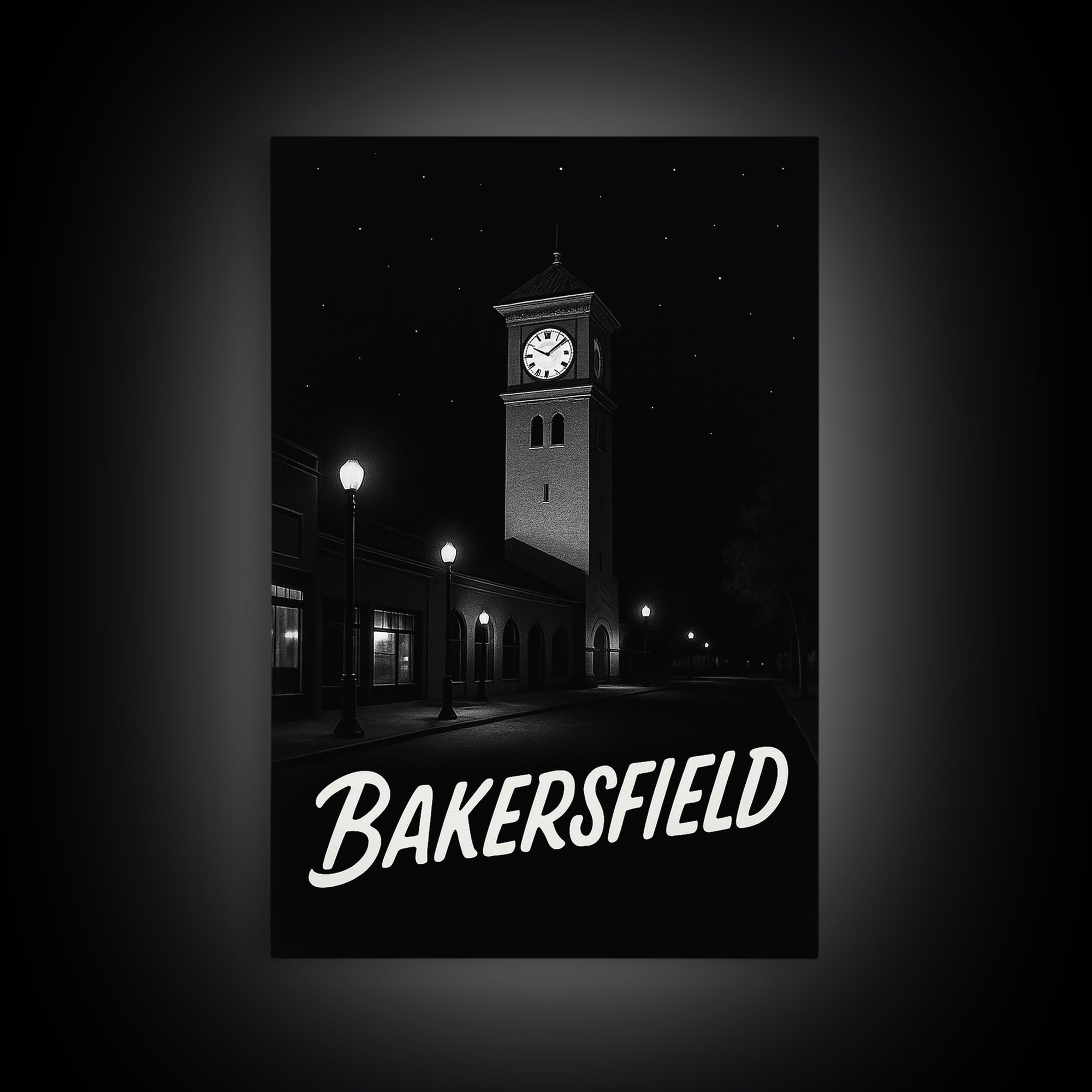 Bakersfield Travel Poster, Framed Canvas Print, Vintage Noir Poster Art, Bakersfield City Art, Vintage City Poster, Mid Century Wall Art
