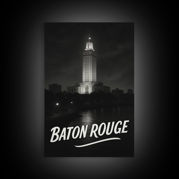 Baton Rouge Louisiana Travel Poster, Canvas Print, Black And White Travel Art, Baton Rouge Travel Art, Vintage City Art, City Travel Prints