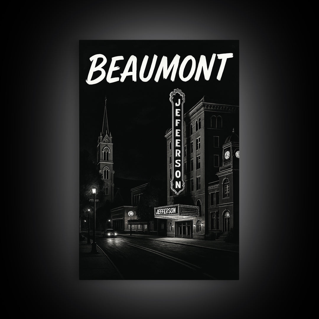 Beaumont Travel Poster, Framed Canvas Print, Dark Moody City Wall Art, Beaumont City Art, Eclectic Wall Decor, Living Room Wall Art