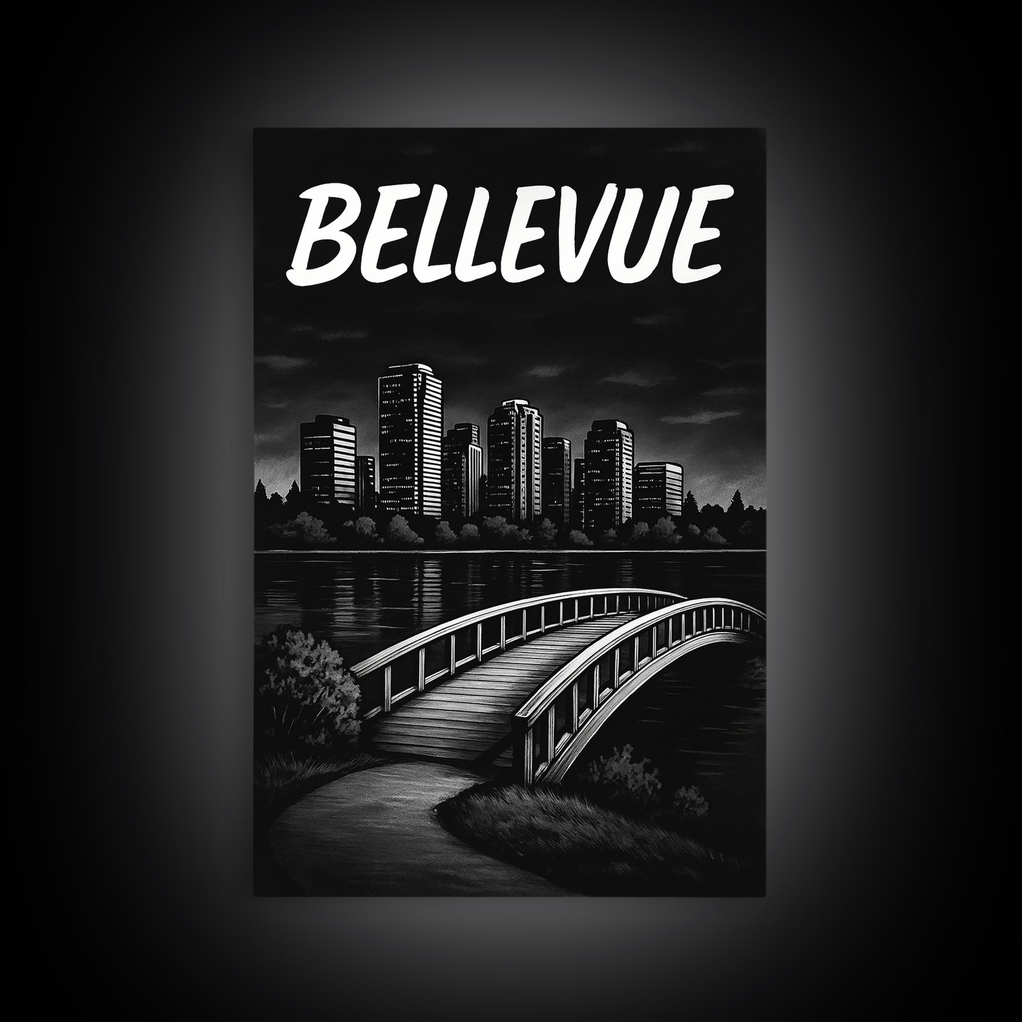 Bellevue Travel Poster, Framed Canvas Print, Black And White Travel Art, Bellevue Wall Art, Modern Wall Decor, Travel Art Print