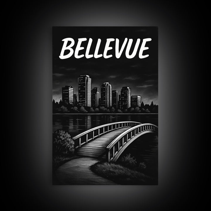 Bellevue Travel Poster, Framed Canvas Print, Black And White Travel Art, Bellevue Wall Art, Modern Wall Decor, Travel Art Print