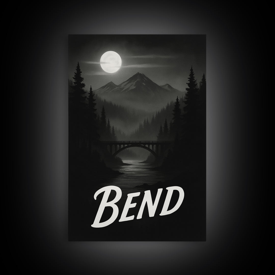 Bend Travel Poster, Canvas Print, Black And White Travel Art, Bend Travel Art, Travel Wall Decor, City Travel Prints, Gift For Travelers