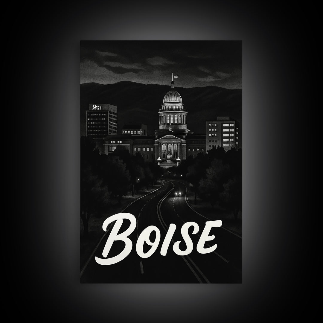 Boise Travel Poster, Canvas Print, Black And White Travel Art, Boise Travel Art, Retro Travel Print, Travel Poster Art, Home Office Decor