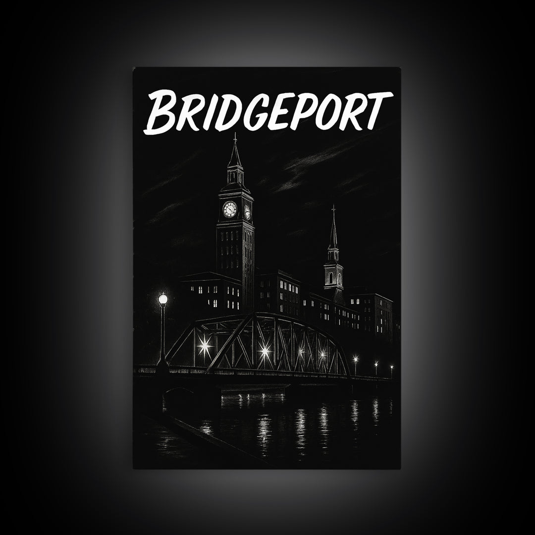 Bridgeport Travel Poster, Framed Canvas Print, Dark Moody City Wall Art, Bridgeport Poster Print, City Illustration, Vintage City Poster