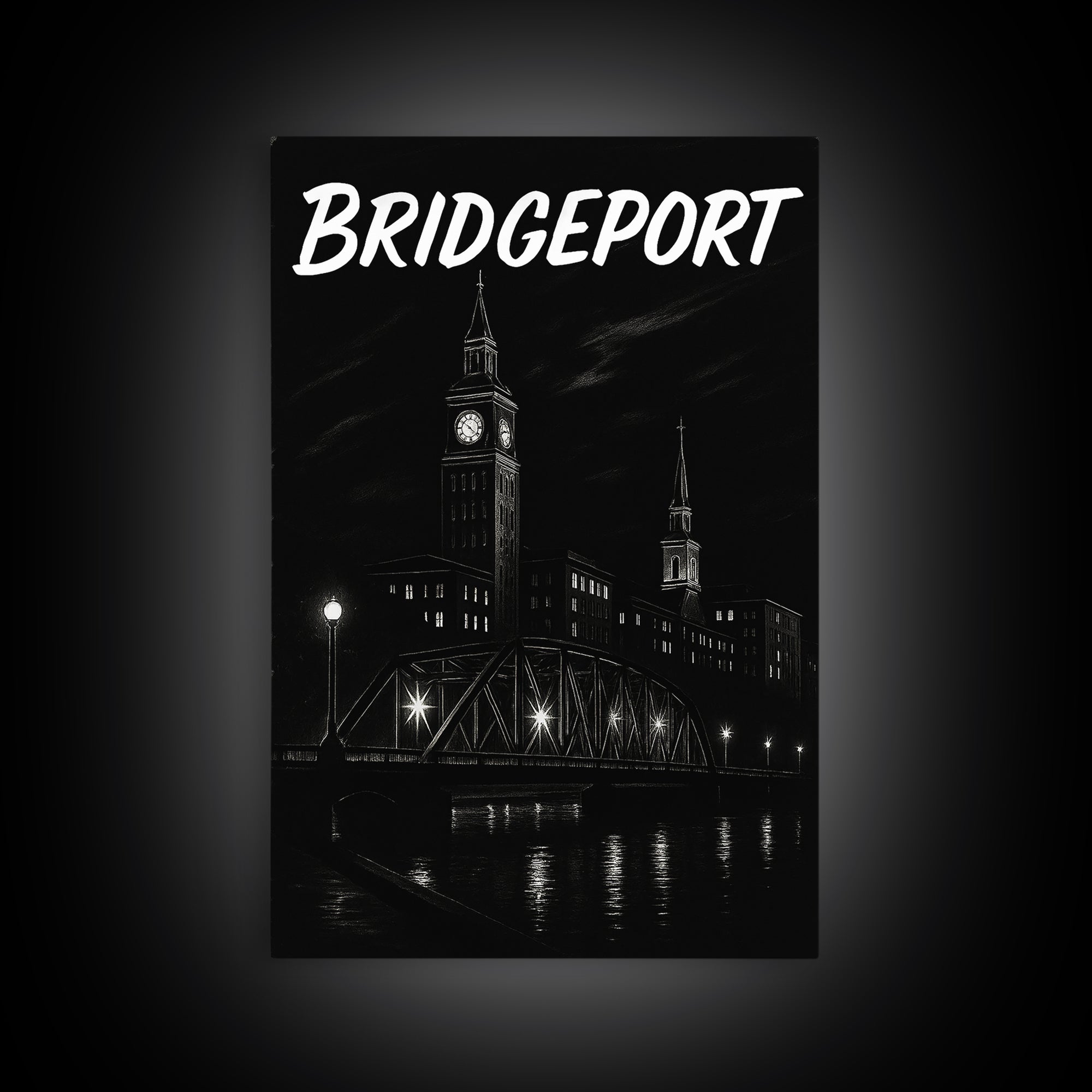 Bridgeport Travel Poster, Framed Canvas Print, Dark Moody City Wall Art, Bridgeport Poster Print, City Illustration, Vintage City Poster