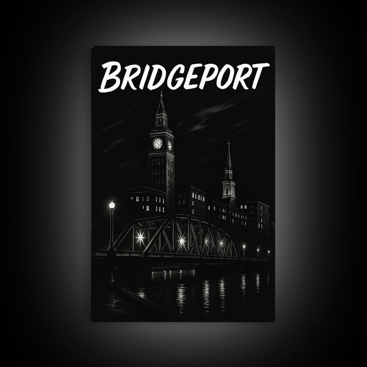 Bridgeport Travel Poster, Framed Canvas Print, Dark Moody City Wall Art, Bridgeport Poster Print, City Illustration, Vintage City Poster