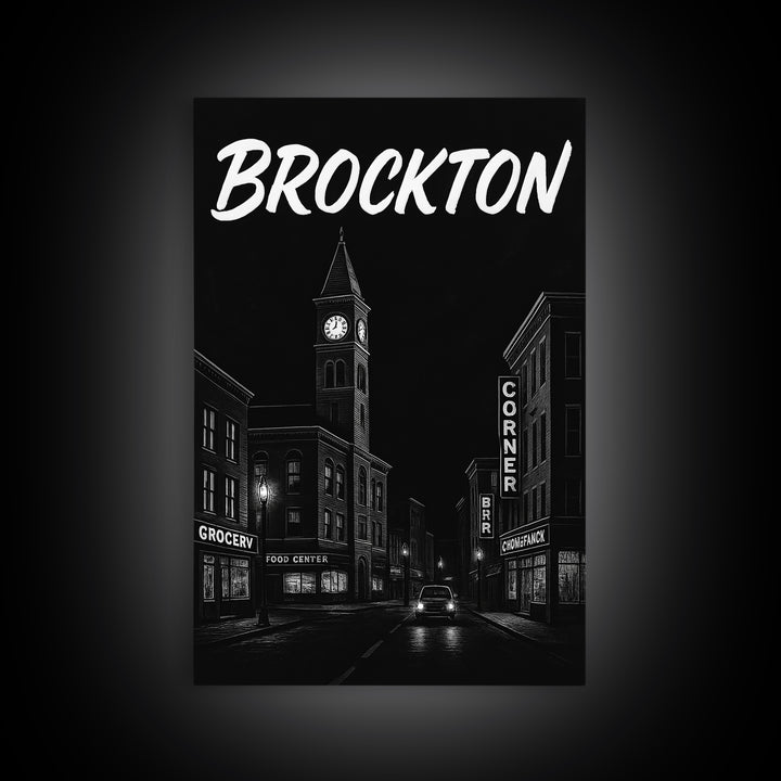 Brockton Travel Poster, Framed Canvas Print, Dark Moody City Wall Art, Brockton Wall Art, Travel Art Print, Fine Art Print, Landscape Art