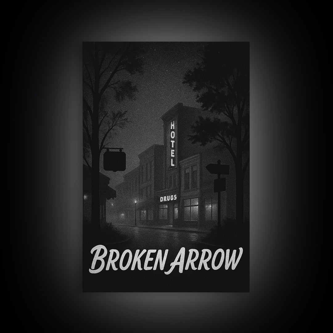 Broken Arrow Oklahoma Travel Poster, Canvas Print, Black And White Travel Art, Broken Arrow Wall Art, Travel Print, Vintage Travel Art