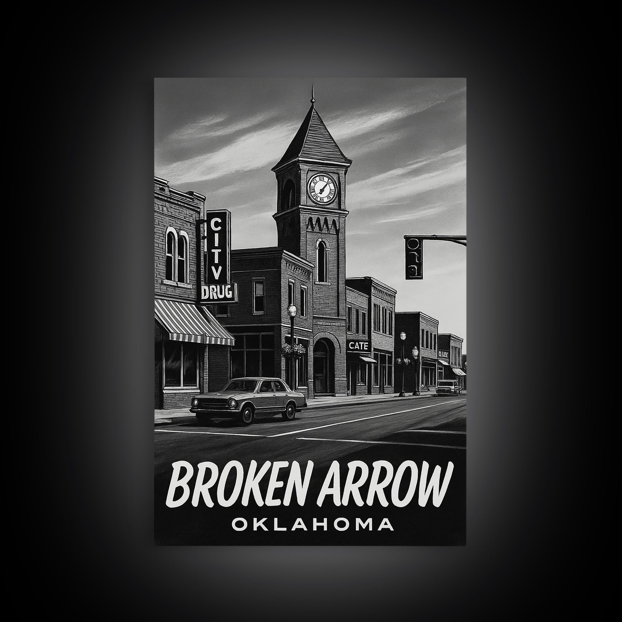 Broken Arrow Travel Poster, Framed Canvas Print, Dark Moody City Wall Art, Broken Arrow Art Print, Mid Century Wall Art, City Art Print