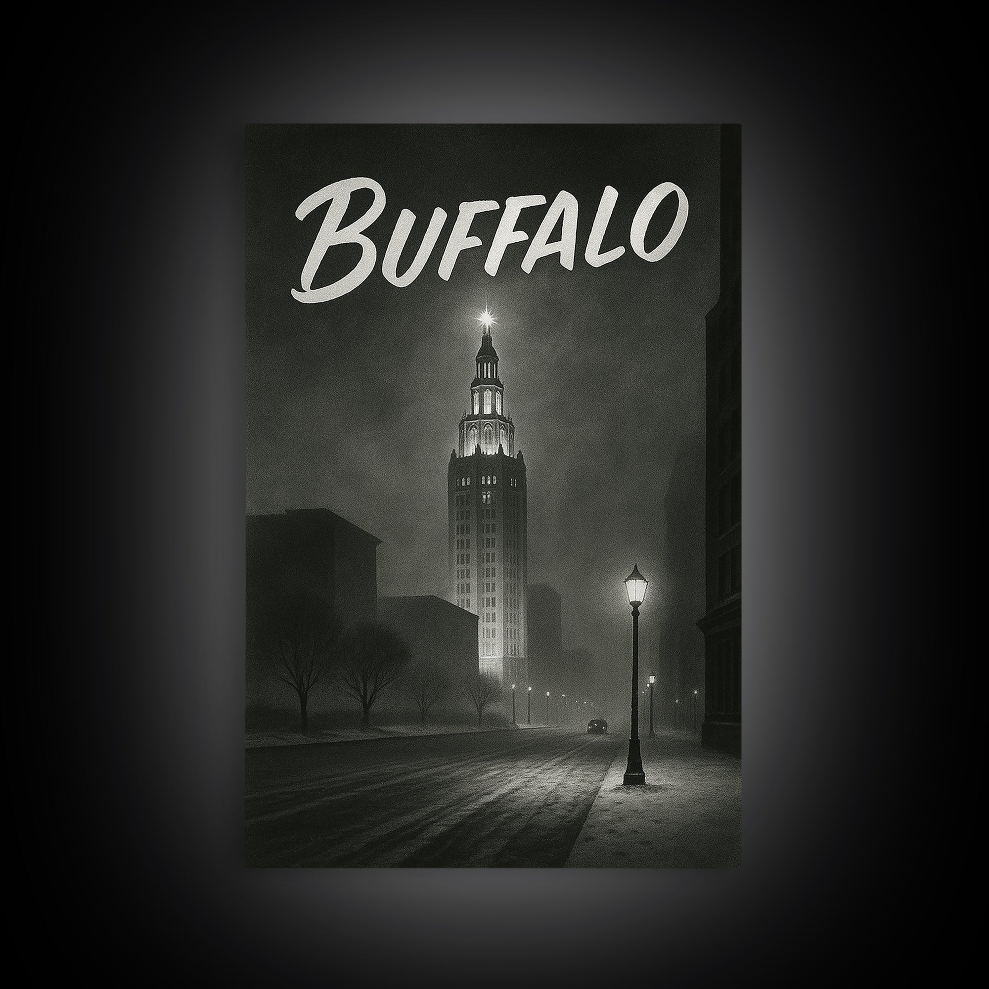 Buffalo Travel Poster, Framed Canvas Print, Dark Moody City Wall Art, Buffalo Poster Print, City Art Print, Vintage City Art, Art Print