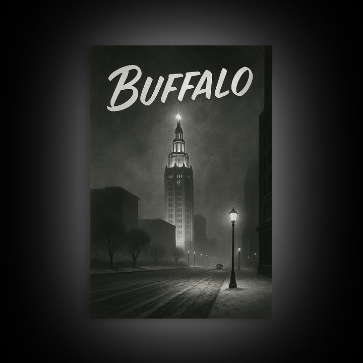 Buffalo Travel Poster, Framed Canvas Print, Dark Moody City Wall Art, Buffalo Poster Print, City Art Print, Vintage City Art, Art Print