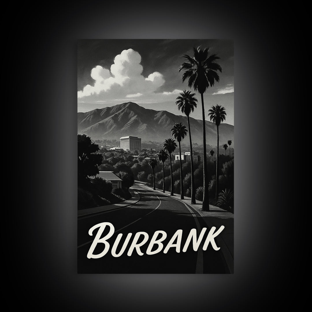 Burbank Travel Poster, Framed Canvas Print, Night Street Poster Art, Burbank City Art, Gift For Travelers, Eclectic Wall Decor