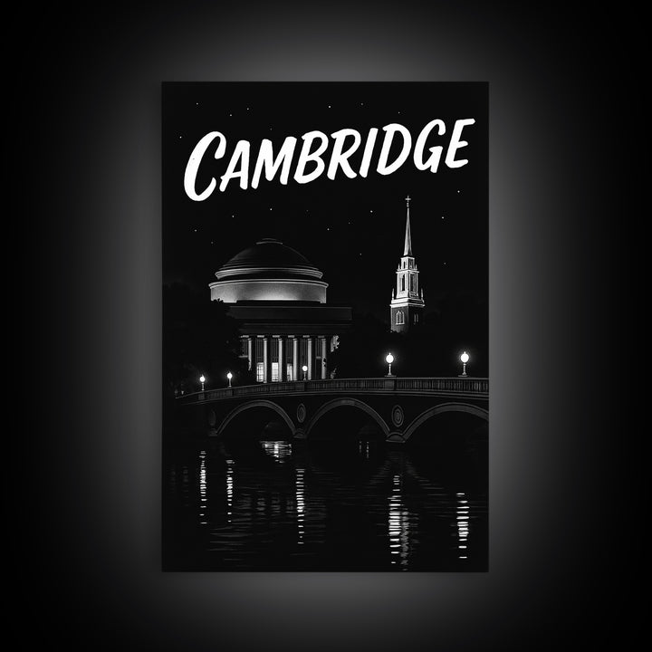 Cambridge Travel Poster, Canvas Print, Black And White Travel Art, Cambridge Wall Art, Fine Art Print, Gift For Travelers, Vintage City Art