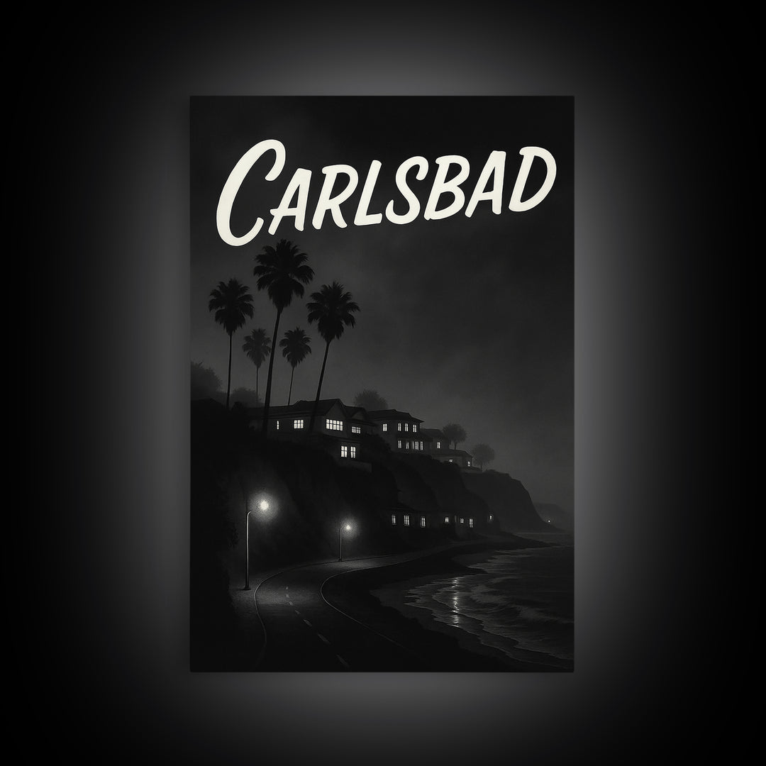 Carlsbad California Travel Poster, Framed Canvas Print, Night Street Poster Art, Carlsbad City Art, Travel Poster Set, Eclectic Wall Decor