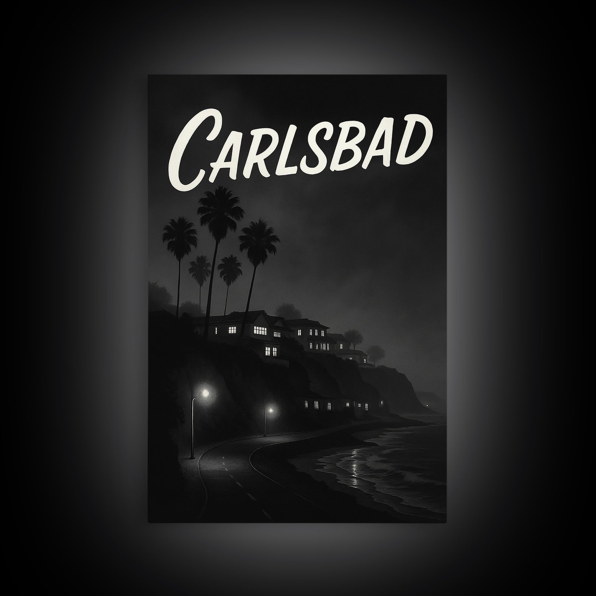 Carlsbad California Travel Poster, Framed Canvas Print, Night Street Poster Art, Carlsbad City Art, Travel Poster Set, Eclectic Wall Decor