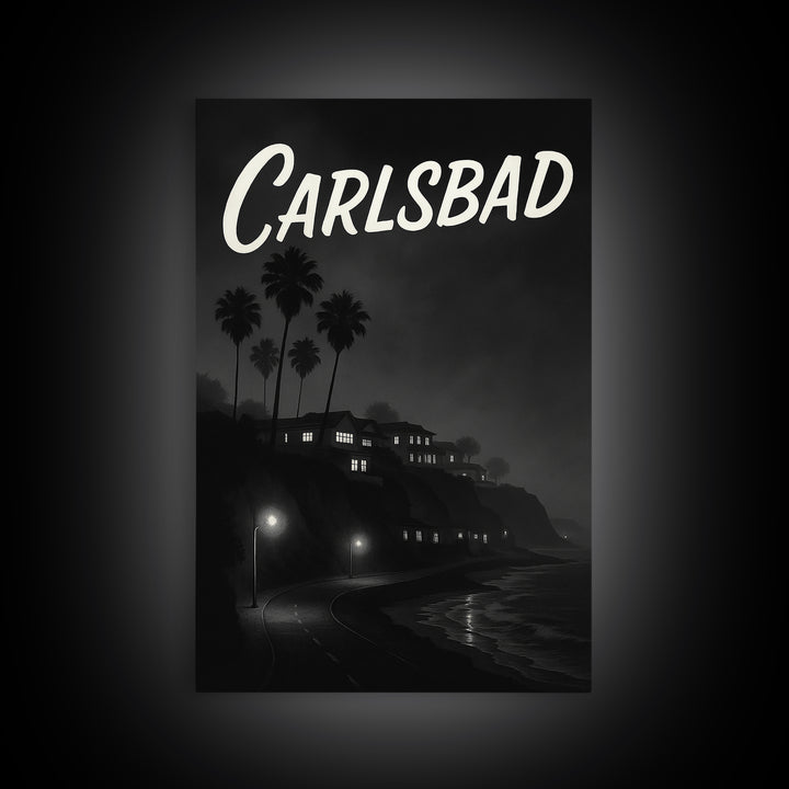 Carlsbad California Travel Poster, Framed Canvas Print, Night Street Poster Art, Carlsbad City Art, Travel Poster Set, Eclectic Wall Decor