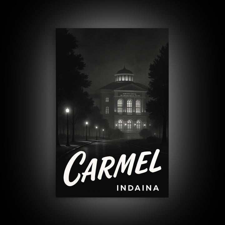 Carmel Indiana Travel Poster, Canvas Print, Vintage Noir Poster Art, Carmel Travel Art, Travel Art, Retro Travel Print, Mid Century Wall Art