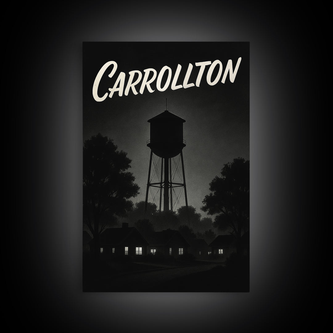 Carrollton Travel Poster, Framed Canvas Print, Vintage Noir Poster Art, Carrollton Wall Art, City Illustration, Vintage City Art
